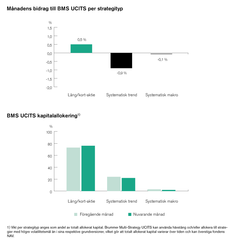 Bilden visar två stapeldiagram som presenterar data per strategityp för BMS UCITS, inklusive månatliga bidrag och kapitalallokering.
